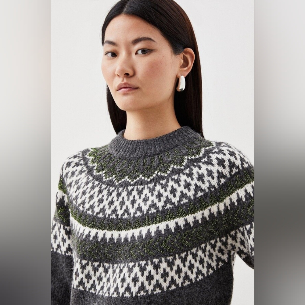 Karen Millen Fair Isle High Neck Knit Sweater Small Wool Gray Green